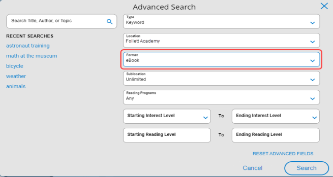 Advanced Search options with the format eBook highlighted.